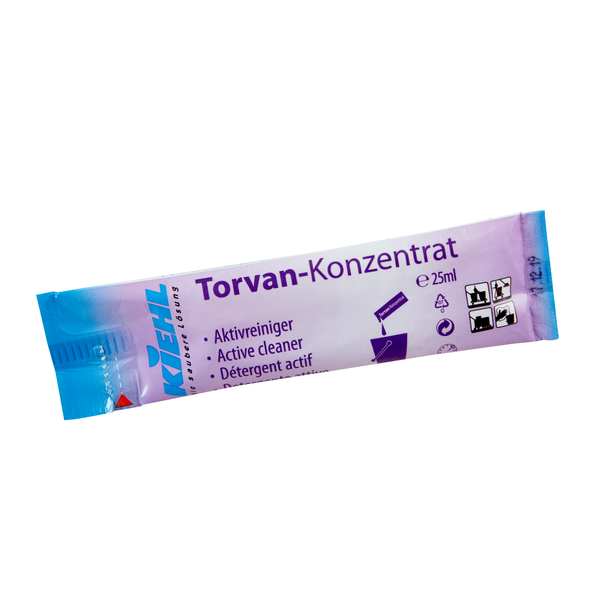 Jednorazowa saszetka Kiehl Torvan-Konzentrat Aktivreiniger, 25 ml, firmy Johannes Kiehl KG znajduje się na fioletowo-niebieskim opakowaniu z niemieckimi, angielskimi i francuskimi symbolami/tekstami, które wskazują na funkcję jako aktywny środek czyszczący.