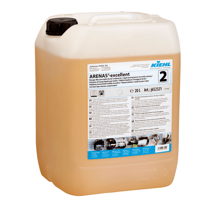 Duży, przezroczysty plastikowy pojemnik z czarną nakrętką zawiera jasno-pomarańczowy płyn z napisem "Kiehl ARENAS-excellent Płynny Wzmacniacz Prania" firmy Johannes Kiehl KG, znany w wielu językach jako skuteczny środek do usuwania plam.