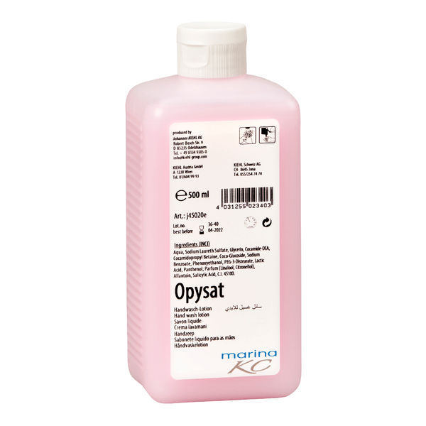 Różowa butelka o pojemności 500 ml z Kiehl Opysat Lotion do mycia rąk firmy Johannes Kiehl KG, neutralne pod względem pH mydło do rąk, ma białą etykietę z informacjami o produkcie, składnikach, kodem kreskowym, symbolami i "marina KC" na dole do delikatnego mycia rąk.