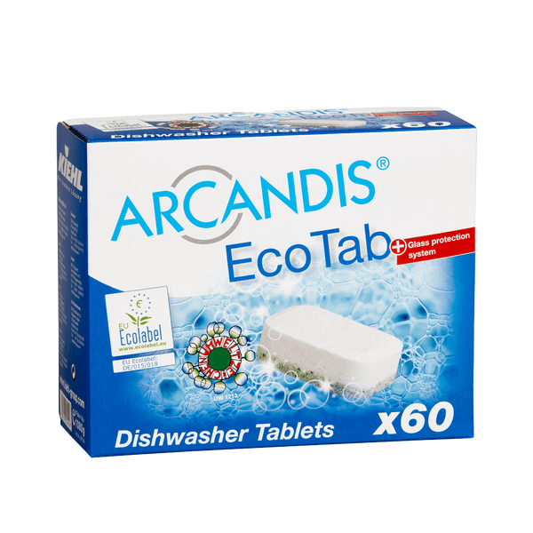 Niebiesko-białe pudełko z napisem "Kiehl ARCANDIS-EcoTab Tabletki do zmywarek" firmy Johannes Kiehl KG, które przedstawia obrazek tabletki, logo europejskiego oznakowania ekologicznego oraz tekst dla 60 tabletek bez fosforanów z ochroną szkła; opakowanie zawiera 5 kartonów.