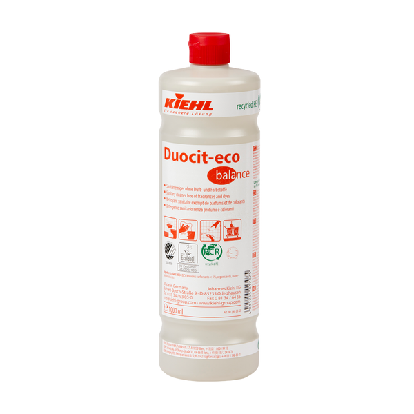 Eine 1-Liter-Kunststoffflasche Johannes Kiehl KG Kiehl Duocit-eco balance Sanitärreiniger ohne Duft- und Farbstoffe mit rotem Verschluss und weißem Etikett mit roten und schwarzen Produktinformationen, Symbolen und Anwendungshinweisen.