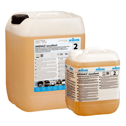 Dwie przezroczyste plastikowe butelki Kiehl ARENAS-excellent Płynny Wzmacniacz Prania firmy Johannes Kiehl KG do usuwania plam z czarnym zamknięciem i niebiesko-białym brandingiem. Jedna butelka jest duża, druga jest mała.