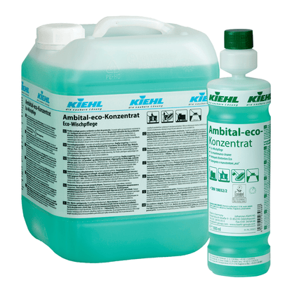 Duży 5-litrowy pojemnik i 1-litrowa butelka Kiehl Ambital-eco-Konzentrat Eco-Wischpflege firmy Johannes Kiehl KG z zielonym płynem i szczegółowymi etykietami w języku niemieckim z przyjaznymi dla środowiska symbolami.
