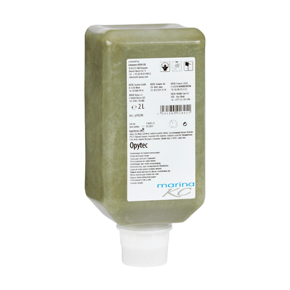 2-litrowa prostokątna butelka zielonkawego mydła do rąk Kiehl Opytec na grube zabrudzenia od Johannes Kiehl KG z białą etykietą informacyjną i szerokim dozownikiem u dołu zawiera skuteczny środek do mycia rąk na silne zabrudzenia.