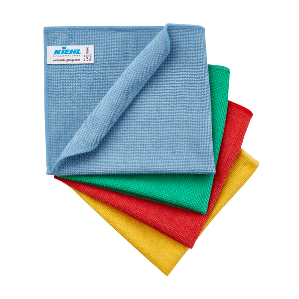 Cztery ściereczki z mikrofibry Kiehl Basic (35 x 32 cm, 270 g/m²) firmy Johannes Kiehl KG w kolorach niebieskim, zielonym, czerwonym i żółtym są ułożone w stos, przy czym niebieska ściereczka leży na górze i na jednym rogu ma widoczną etykietę firmy Johannes Kiehl KG.