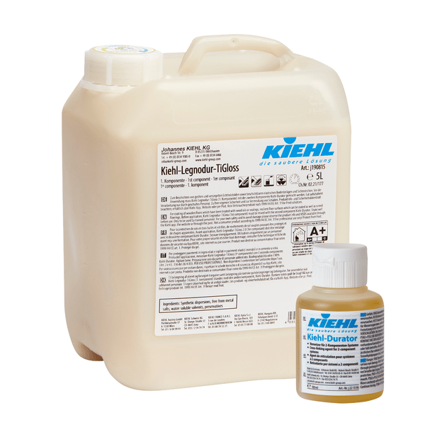 5L Johannes Kiehl KG Kiehl-Legnodur-TiGloss stoi za 100ml butelką Kiehl-Durator, obie z szczegółowymi etykietami dla ich samopołyskowej 2-komponentowej powłoki permanentnej do ochrony powierzchni.