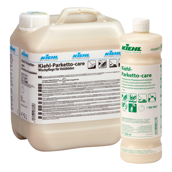 Kanister 5L i butelka 1L Kiehl Parketto-care Samopołyskowa dyspersja pielęgnacyjna do podłóg drewnianych Johannes Kiehl KG są przedstawione obok siebie, każda z białymi etykietami z informacjami o produkcie w kilku językach.