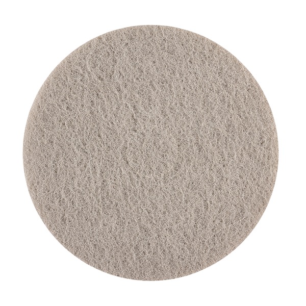 Przedstawiony jest okrągły, płaski pad Kiehl Litho-Pad 4.0 17 cali (43,2 cm) firmy Johannes Kiehl KG z jasnoszarą, teksturowaną powierzchnią od góry; idealny do profesjonalnego czyszczenia. Opakowanie zawiera 5 sztuk.