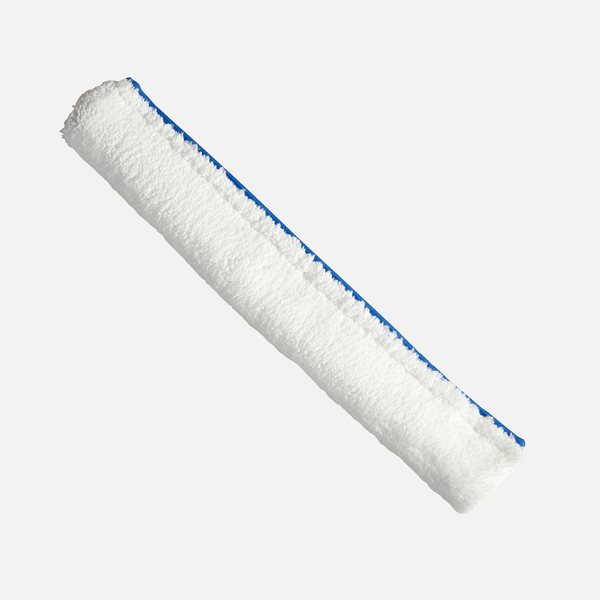 Na zdjęciu znajduje się biały, prostokątny, odporny na rozpuszczalniki pokrowiec Johannes Kiehl KG do mopów (40 cm, 1 sztuka) z niebieskim szwem na jednolitym jasnym tle.