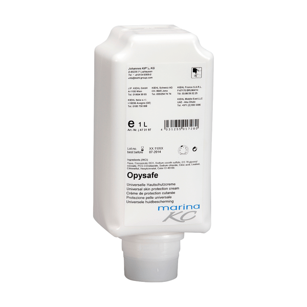 Biała plastikowa butelka o pojemności 1 litra z uniwersalnym balsamem do ochrony skóry Kiehl Opysafe firmy Johannes Kiehl KG, z szczegółowym oznakowaniem na etykiecie i dolnym dozownikiem dla łatwego pobierania.