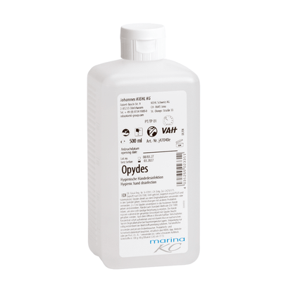 Biała plastikowa butelka o pojemności 500 ml Kiehl Opydes Higieniczna Dezynfekcja Rąk firmy Johannes Kiehl KG z białym zamknięciem i etykietą zawierającą wskazówki dotyczące użycia, informacje o dawkowaniu, dane producenta oraz loga certyfikacyjne.