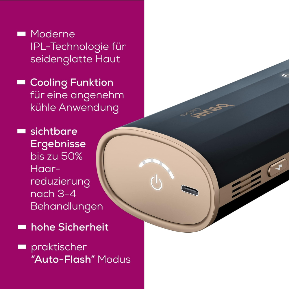 Zbliżenie na Beurer urządzenie do depilacji IPL 7800 COOL PRO od Beurer GmbH w kolorze czarnym i złotym. Urządzenie pokazane jest z perspektywy, aby podkreślić przycisk włączania, funkcję chłodzenia i tryb „Auto-Flash”. Niemiecki tekst wokół urządzenia opisuje jego nowoczesną technologię IPL i jej zalety.