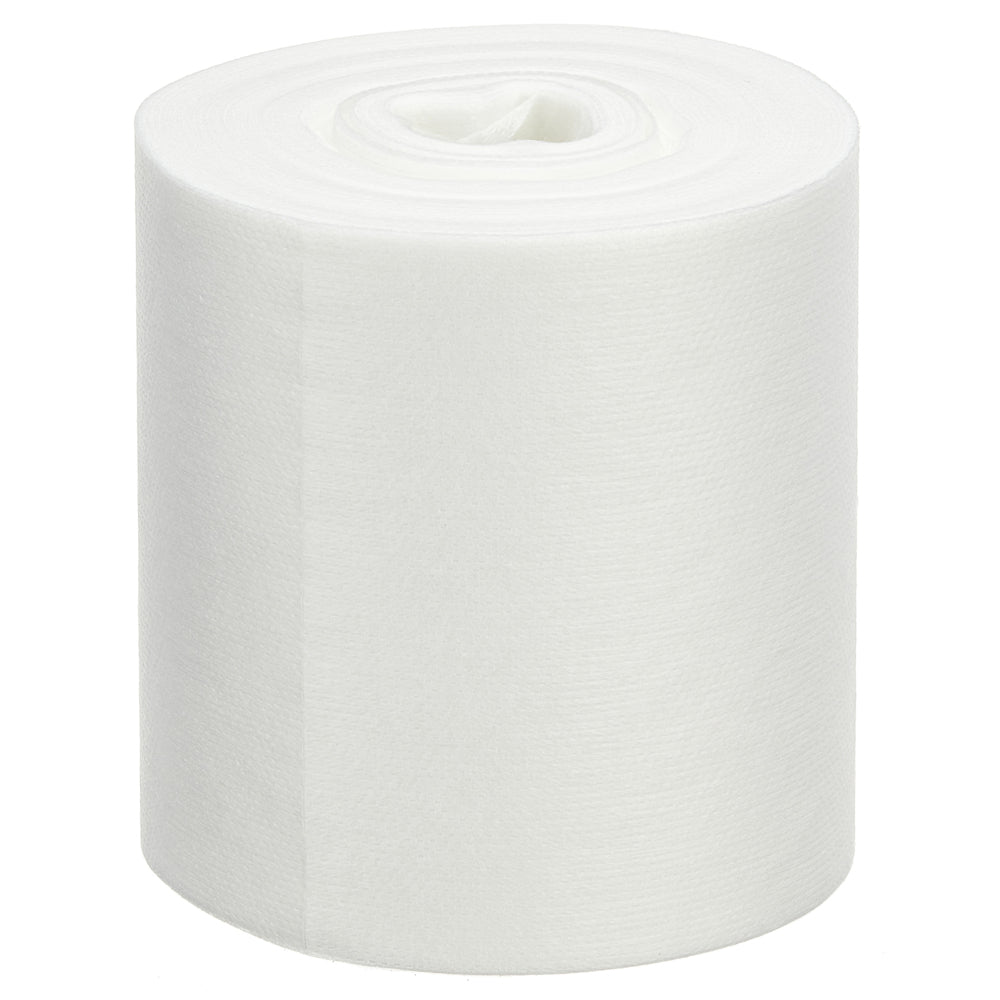 Pojedyncza rolka chusteczek czyszczących WypAll® Wettask™ PowerClean od Kimberly-Clark GmbH (6 wkładów x 120 arkuszy, biały) stoi pionowo na białym tle.