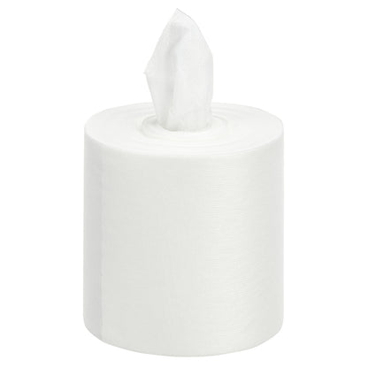 Pojedyncza duża biała rolka chusteczek czyszczących WypAll® Wettask™ PowerClean (6 wkładów x 120 arkuszy, biały) od Kimberly-Clark GmbH jest przedstawiona z częściowo wyciągniętym arkuszem na jednolitym białym tle.