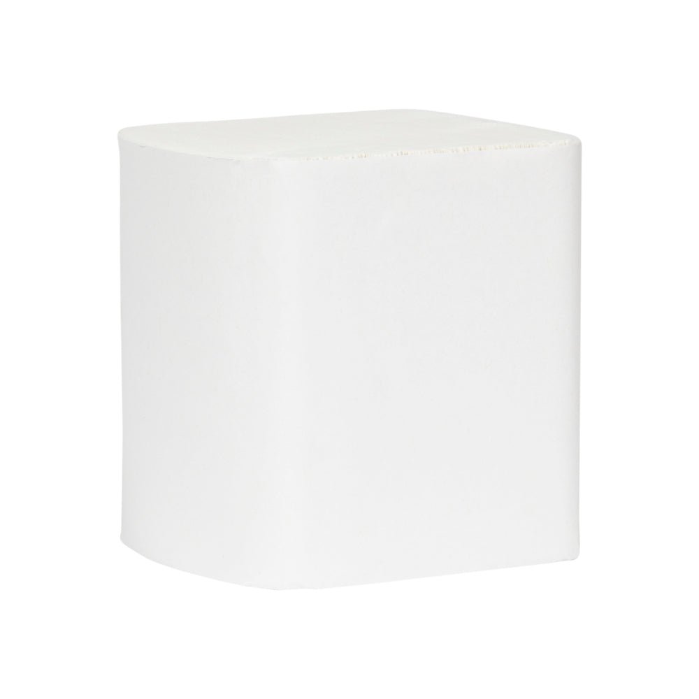 Prosty biały sześcian z zaokrąglonymi krawędziami, który przypomina Hostess™ NATURA Papier toaletowy system pojedynczych arkuszy (32 opakowania x 500 arkuszy, Biały) firmy Kimberly-Clark GmbH, na białym tle.