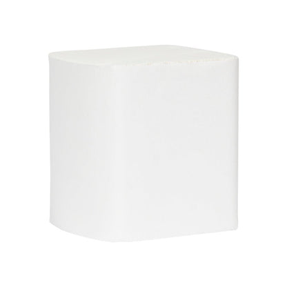 Prosty biały sześcian z zaokrąglonymi krawędziami, który przypomina Hostess™ NATURA Papier toaletowy system pojedynczych arkuszy (32 opakowania x 500 arkuszy, Biały) firmy Kimberly-Clark GmbH, na białym tle.