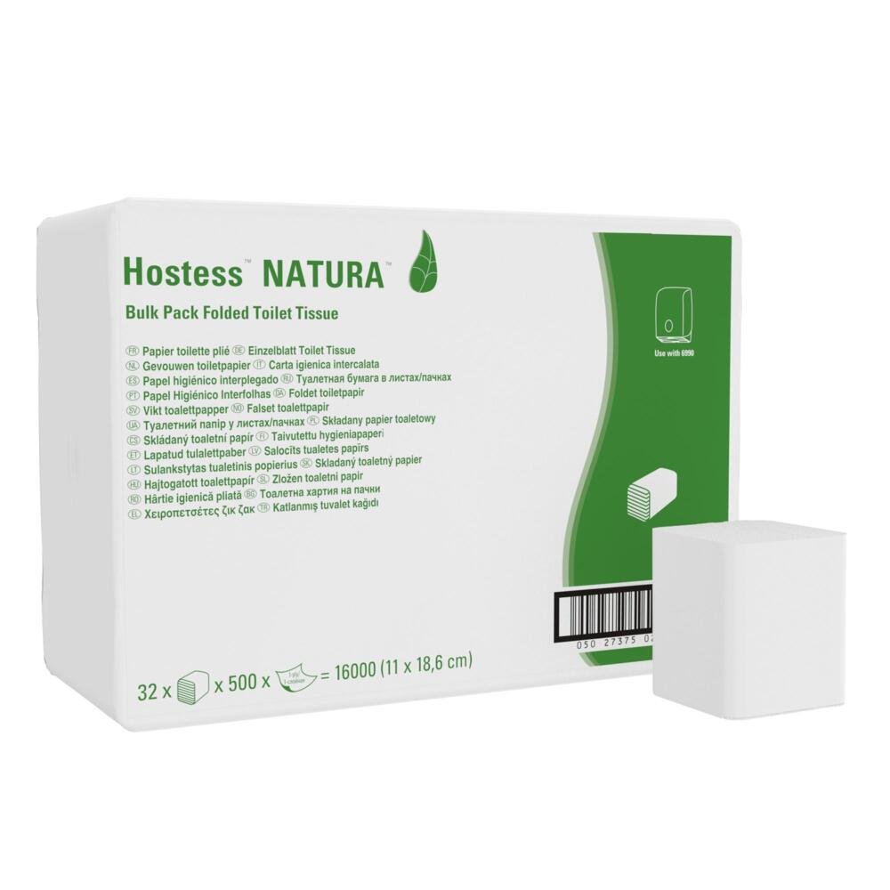 Białe opakowanie z napisem "Hostess™ NATURA Papier toaletowy - system pojedynczych arkuszy / Biały / 500" firmy Kimberly-Clark GmbH pokazuje informacje o produkcie, zielony fragment, obrazek złożonych chusteczek i kod kreskowy. Z przodu znajduje się przyjazny dla środowiska papier toaletowy.