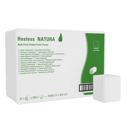 Białe opakowanie z napisem "Hostess™ NATURA Papier toaletowy - system pojedynczych arkuszy / Biały / 500" firmy Kimberly-Clark GmbH pokazuje informacje o produkcie, zielony fragment, obrazek złożonych chusteczek i kod kreskowy. Z przodu znajduje się przyjazny dla środowiska papier toaletowy.