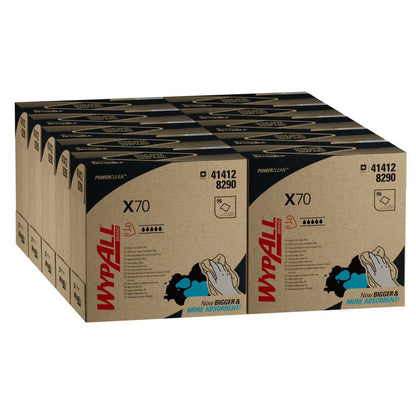 Stos kartonów Kimberly-Clark GmbH WypAll® X70 PowerClean - Zupfbox / Blau (10 x 100 arkuszy na karton), oznaczony jako profesjonalne ściereczki czyszczące, z czerwonymi i niebieskimi akcentami oraz informacjami o produkcie na panelach, ułożony w trzech rzędach.