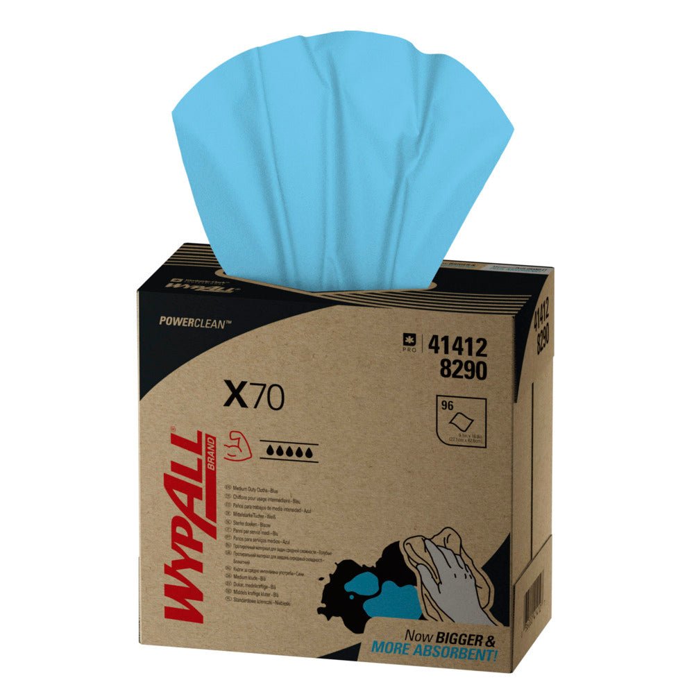 Karton z 10 pudełkami WypAll® X70 PowerClean Zupfbox, niebieski, po 100 arkuszy, firmy Kimberly-Clark GmbH. Karton pokazuje branding i szczegóły - idealny do profesjonalnych potrzeb czyszczenia.