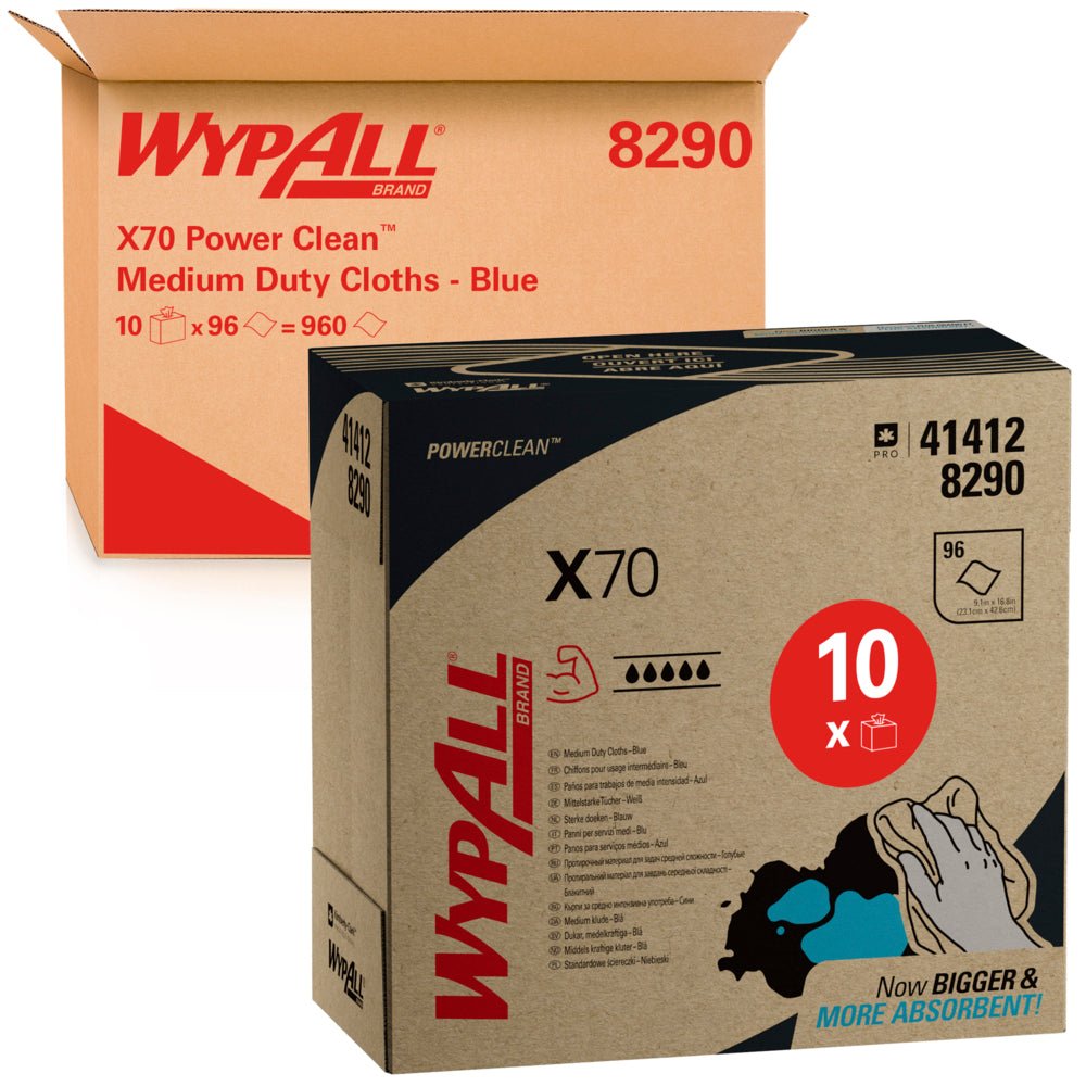 Dwie Zupfboxy WypAll® X70 PowerClean (Kimberly-Clark GmbH), jedna otwarta i jedna zamknięta, wyraźnie pokazują na swoim niebieskim opakowaniu nazwę produktu, ilość 10 x 100 arkuszy i branding.