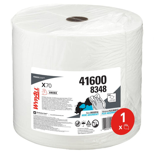 Duża rolka WypAll® X70 PowerClean w kolorze białym firmy Kimberly-Clark GmbH (1 rolka × 870 arkuszy, nr kat. 41600 8348) jest zapakowana w przezroczyste opakowanie z tworzywa sztucznego i idealnie nadaje się do czyszczenia przemysłowego.