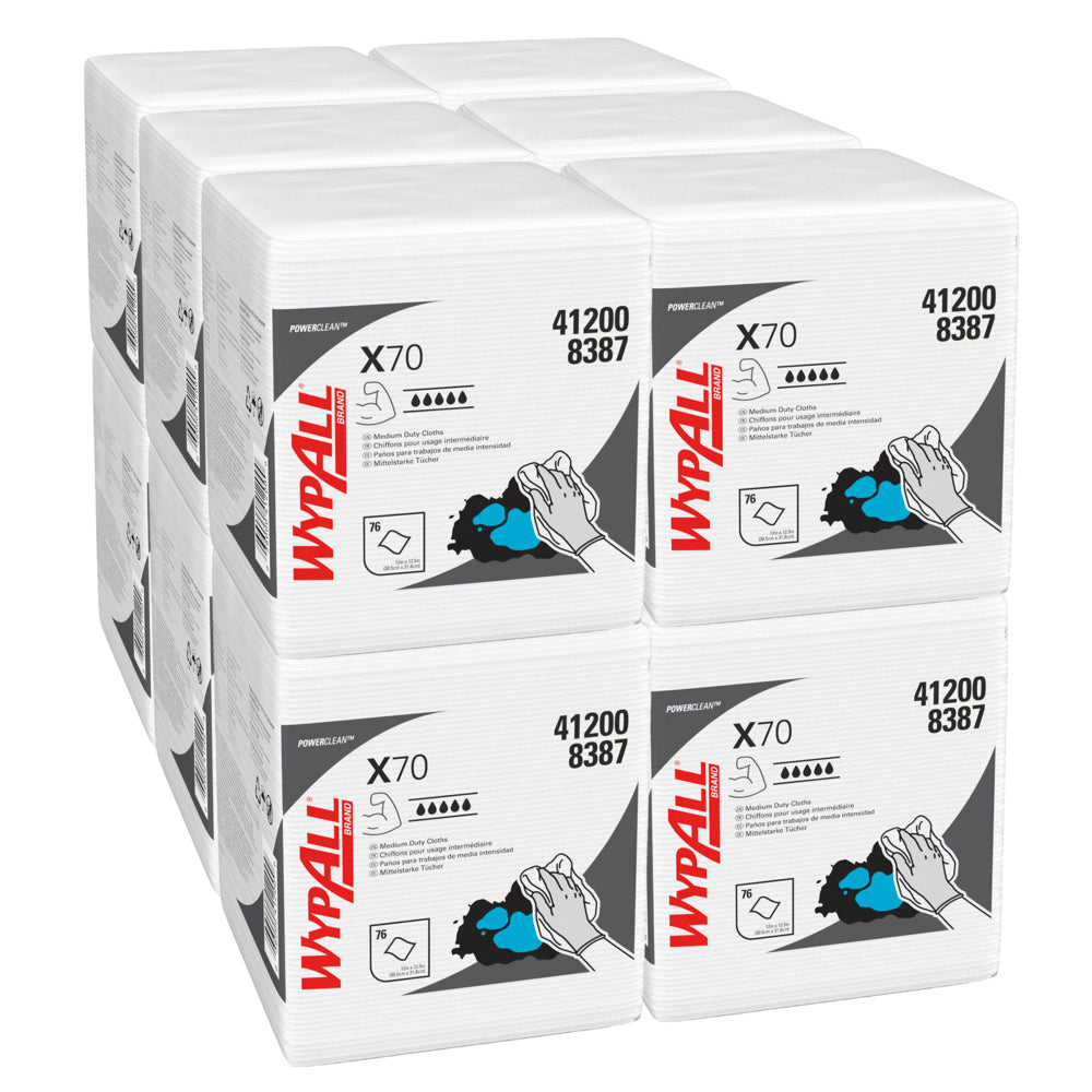 Sechs gestapelte Pakete WypAll® X70 PowerClean Reinigungstücher (viertelgefaltet, weiß, 12 Beutel x 76 Tücher) von Kimberly-Clark GmbH mit Produktname, Nummer 412008387 und einer Handillustration bei der Anwendung.