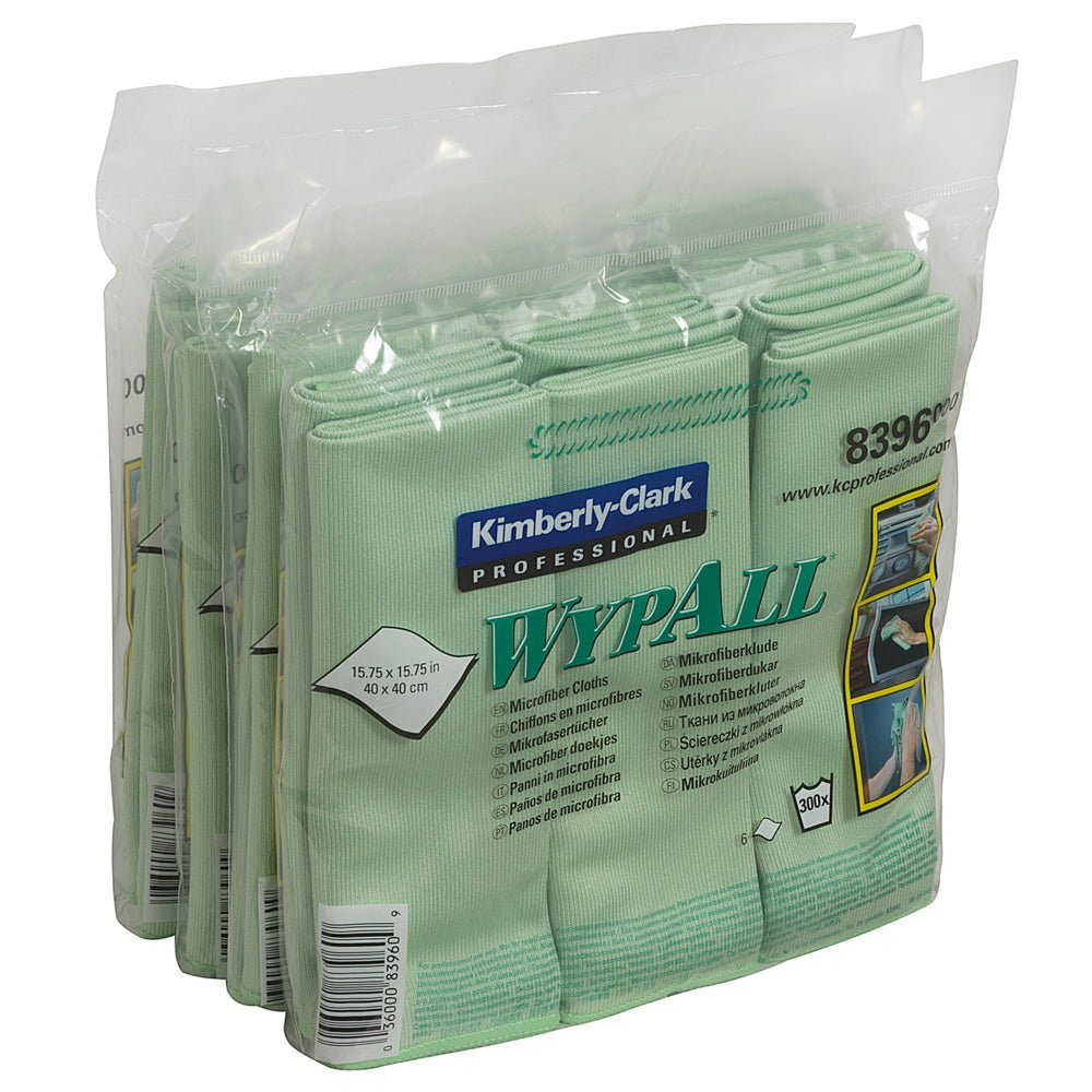 Opakowanie zielonych ściereczek z mikrofibry WypAll® - płaskie ściereczki, 40 x 40 cm, od Kimberly-Clark GmbH jest zgrzane w przezroczystym plastiku i zawiera informacje o produkcie i zdjęcia na etykiecie.
