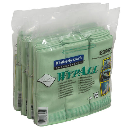 Opakowanie zielonych ściereczek z mikrofibry WypAll® - płaskie ściereczki, 40 x 40 cm, od Kimberly-Clark GmbH jest zgrzane w przezroczystym plastiku i zawiera informacje o produkcie i zdjęcia na etykiecie.