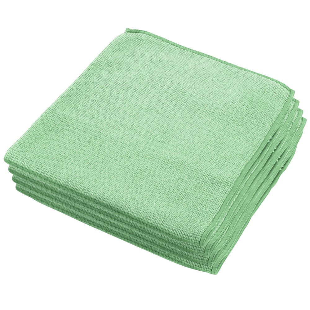 Stos jasnozielonych ściereczek z mikrofibry WypAll® - płaskie ściereczki (40 x 40 cm) od Kimberly-Clark GmbH, starannie złożonych na białym tle, podkreśla ich skuteczność w łatwym czyszczeniu.
