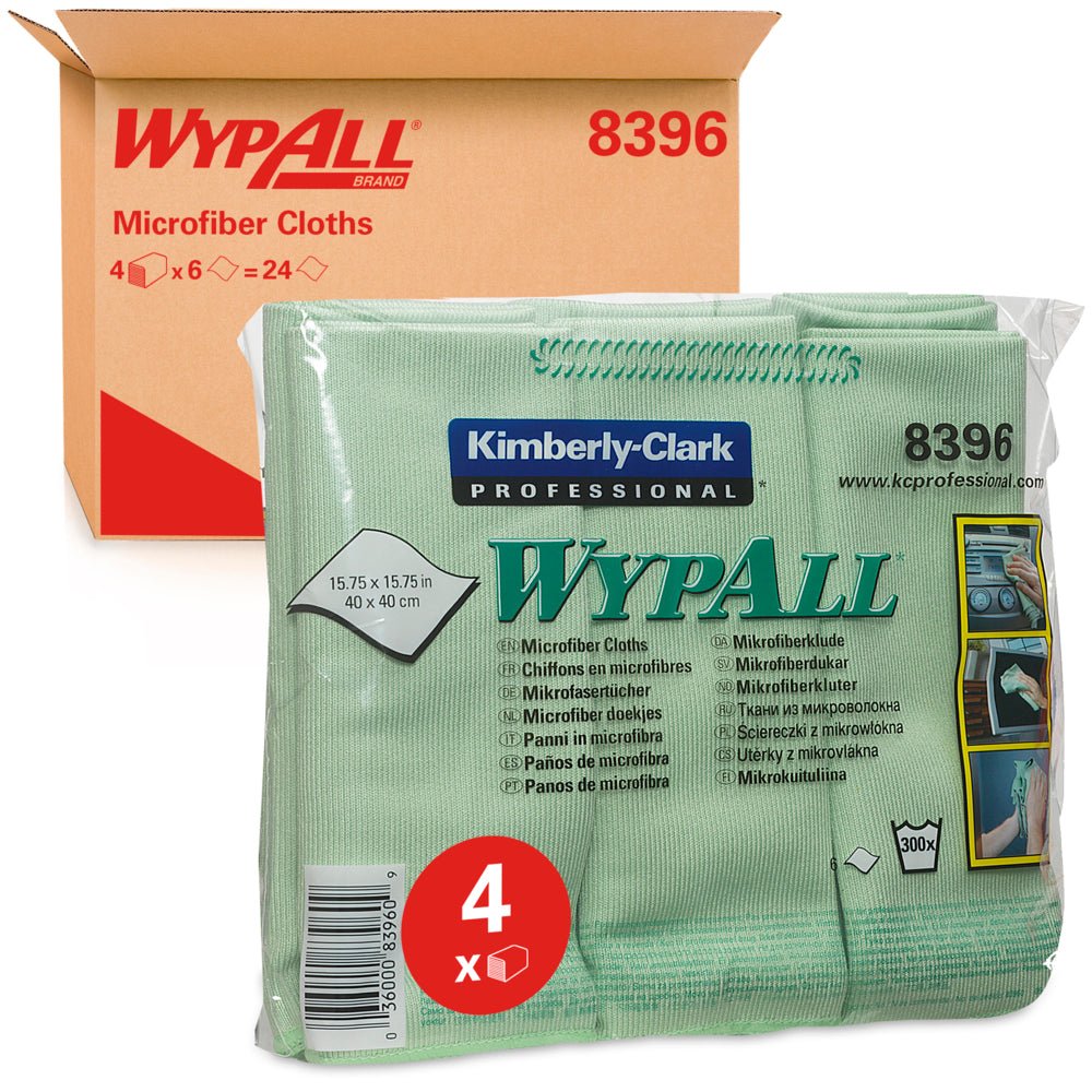 Opakowanie zielonych ściereczek z mikrofibry WypAll® - płaskie ściereczki (40 x 40 cm) od Kimberly-Clark GmbH stoi przed kartonowym pudełkiem z informacjami o produkcie, zdjęciami czyszczenia i liczbą 4 dla liczby zawartych ściereczek.