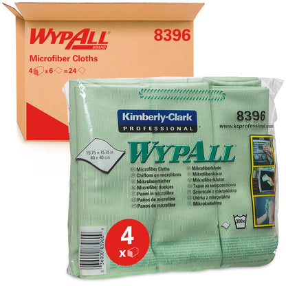 Opakowanie zielonych ściereczek z mikrofibry WypAll® - płaskie ściereczki (40 x 40 cm) od Kimberly-Clark GmbH stoi przed kartonowym pudełkiem z informacjami o produkcie, zdjęciami czyszczenia i liczbą 4 dla liczby zawartych ściereczek.