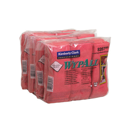 Trzy opakowania Kimberly-Clark GmbH WypAll® ściereczek z mikrofibry - płaskie ściereczki (40 x 40 cm) w kolorze czerwonym są zgrzane w przezroczystym plastiku, każde opakowanie zawiera złożone ściereczki z widocznymi etykietami produktów i kodami kreskowymi.
