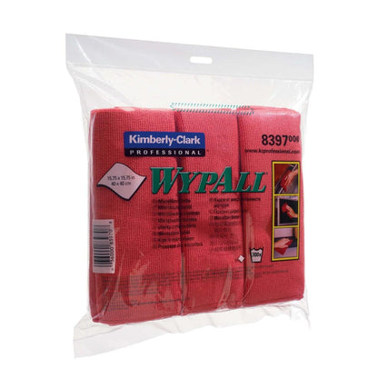 Przezroczyste opakowanie z tworzywa sztucznego z ściereczkami z mikrofibry WypAll® - płaskie ściereczki (40 x 40 cm) od Kimberly-Clark GmbH, które zawiera czerwone ściereczki. Na opakowaniu znajdują się informacje o produkcie, numer artykułu 8397 i ilustracje czyszczenia dla każdej ściereczki z mikrofibry.