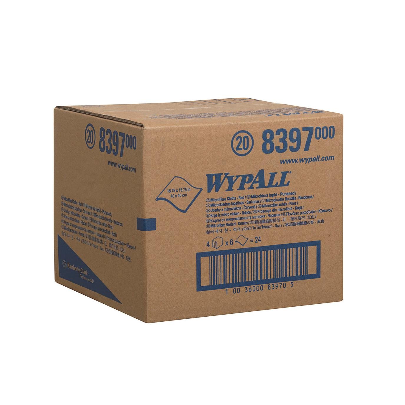 Brązowy karton z napisem "WypAll" (Kimberly-Clark GmbH) i numerem produktu 8397 zawiera WypAll® ściereczki z mikrofibry - płaskie ściereczki 40 x 40 cm. Zapieczętowane pudełko pokazuje niebieskie nadrukowane szczegóły, widoczne wymiary i kod kreskowy.
