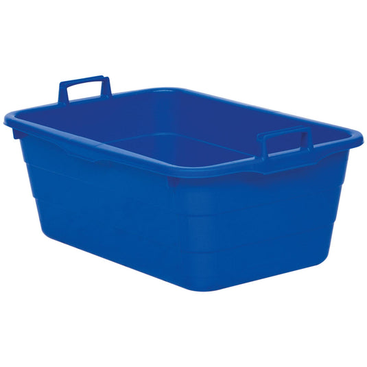 Niebieska plastikowa skrzynia marki Novocal (90 litrów, 750 x 490 x 310 mm) z dwoma uchwytami, po jednym na każdym z krótszych boków. Ta solidna skrzynia do przechowywania jest pusta i przedstawiona na białym tle. Marka: Novocal.