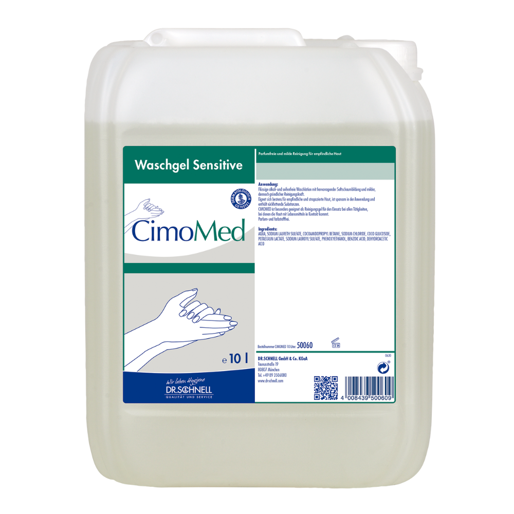 Przezroczysty pojemnik 10L z napisem "Dr. Schnell CIMOMED żel do mycia rąk, bez zapachu i barwników, do oczyszczania skóry" od DR.SCHNELL GmbH & Co. KGaA z ilustracjami dłoni i szczegółową instrukcją; idealny dla wrażliwej skóry.