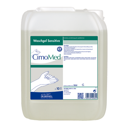 Przezroczysty pojemnik 10L z napisem "Dr. Schnell CIMOMED żel do mycia rąk, bez zapachu i barwników, do oczyszczania skóry" od DR.SCHNELL GmbH & Co. KGaA z ilustracjami dłoni i szczegółową instrukcją; idealny dla wrażliwej skóry.