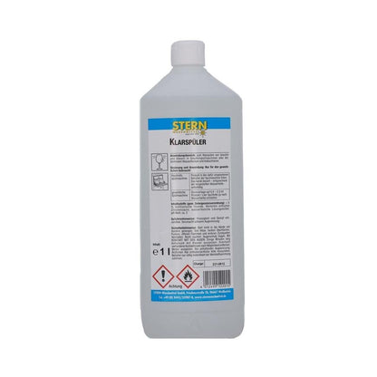 Biała 1-litrowa butelka STERN Klarspüler S Stern Waschmittel GmbH z niemieckim tekstem, ostrzeżeniami dotyczącymi bezpieczeństwa i symbolami zagrożeń na etykiecie zapewnia połysk bez smug z czerwonym symbolem ostrzegawczym o niebezpieczeństwie na dnie.