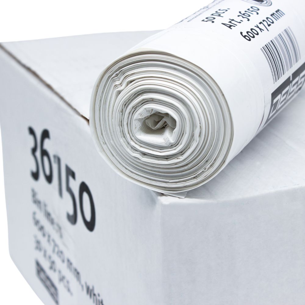 Rolka worków na śmieci DEISS LDPE 60 litrów, wyprodukowana przez EMIL DEISS KG (GmbH + Co.) dla długiej trwałości, jest umieszczona na białym kartonie. Rolka jest mocno zwinięta, a na kartonie widnieje „36150” wraz z kodem kreskowym i innymi nadrukowanymi informacjami wskazującymi na pojemność 60 litrów.