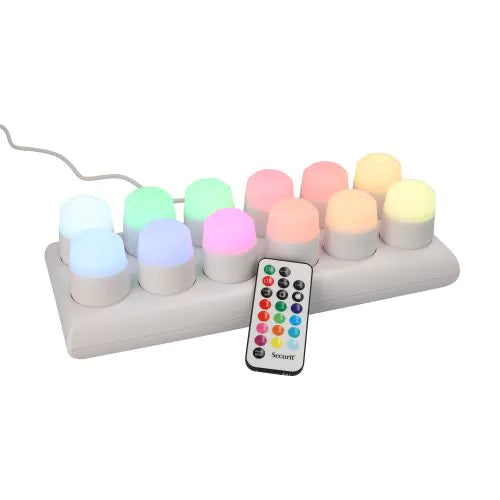 Papstar Podgrzewacze Securit® 12 LED w komplecie. stacja ładująca Ø 4 cm x 5 cm „Amsterdam” czas świecenia 12-40 godzin