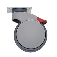 Kółko obrotowe Novocal z tworzywa sztucznego z podwójnym zatrzymaniem Ø 125 mm, idealne do wózków pielęgnacyjnych, posiada szare kółko obrotowe z płaską płytą górną i czerwonym hamulcem. Marka: Novocal. Przedstawione na białym tle. Opakowanie: 1 sztuka.