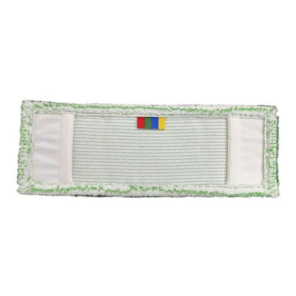 Arcora Excellent Green-White Db-Fc Mopp z kodowaniem kolorami i okładką od Arcora International GmbH to prostokątny biały mop z szarą strukturalną środkową częścią, zieloną obwódką, dwoma białymi paskami na każdym końcu i wielokolorową zawieszką.