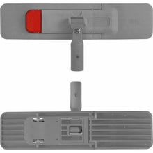 Dwa widoki artykułu wycofywanego z oferty: Arcora standardowy uchwyt składany szary 40 cm od Arcora International GmbH: Na górze widać czerwony przycisk, na dole strukturę i obszar mocowania, oba z centralnym połączeniem uchwytu do akcesoriów czyszczących.