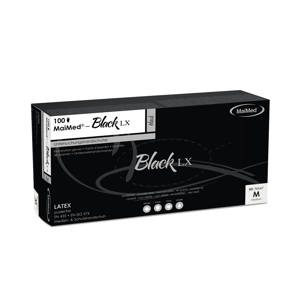 Rękawiczki diagnostyczne MaiMed-Black LX PF jednorazowe, lateksowe, bezpudrowe, 100 szt./op
