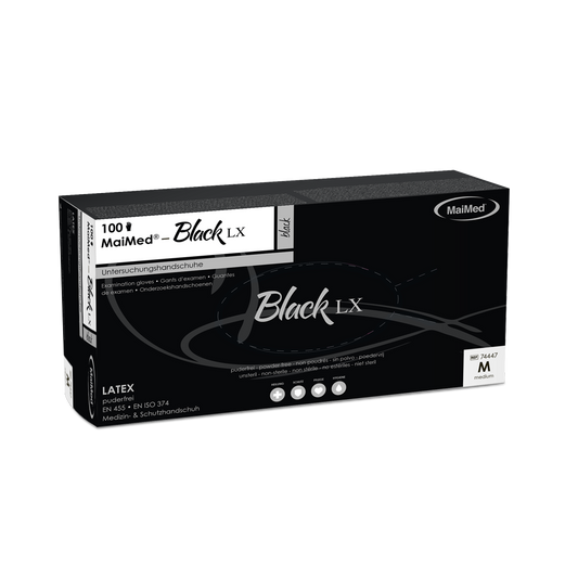 Rękawiczki diagnostyczne MaiMed-Black LX PF jednorazowe, lateksowe, bezpudrowe, 100 szt./op