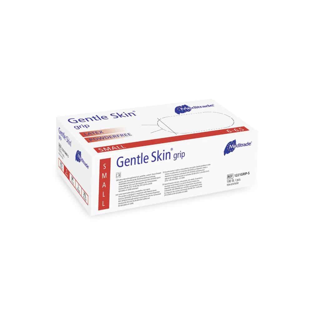 Uszczelnione, prostokątne pudełko z rękawiczkami medycznymi Meditrade Gentle Skin® Grip Latex w rozmiarze S, z informacjami o produkcie i logo Meditrade GmbH. Pudełko jest