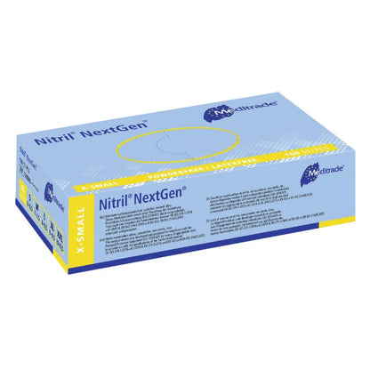 Pudełko rękawiczek jednorazowych Meditrade Nitril Handschuhe NextGen® w rozmiarze extra małym od Meditrade GmbH. Opakowanie jest głównie niebieskie i żółte z tekstem i logo.
