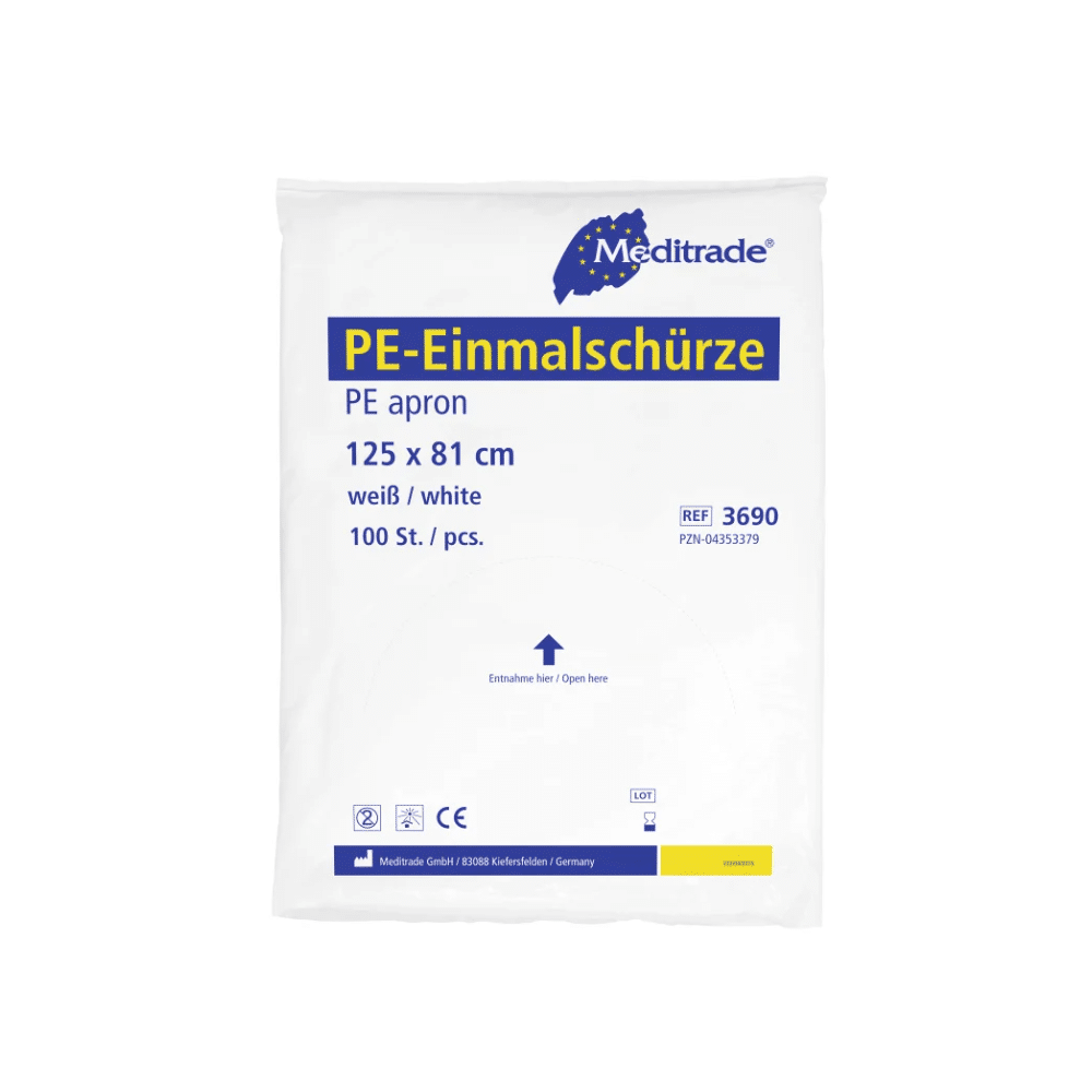 Opakowanie białych jednorazowych fartuchów Meditrade PE, 125 x 81 cm, z 100 sztukami. Opakowanie zawiera branding i szczegóły produktu Meditrade GmbH.