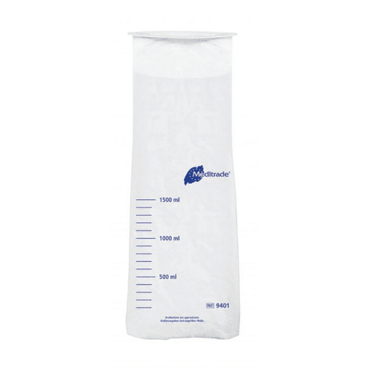 Przezroczysty, skalowany pojemnik z polietylenu z niebieskimi oznaczeniami miary i niebieskim logo „Meditrade GmbH”, o pojemności od 500 ml do 1500 ml.